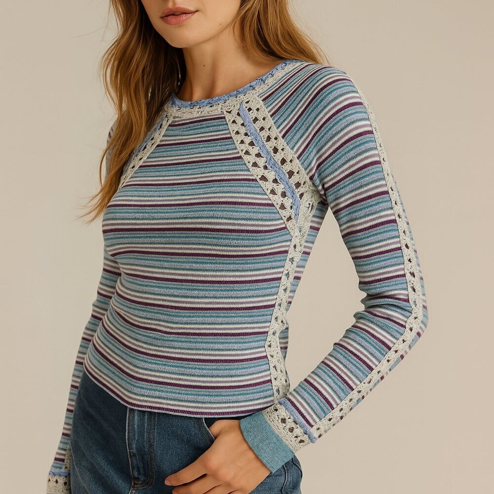 Free People XS Cotton Blend Striped Long Sleeve Knit Top Boho Coastal